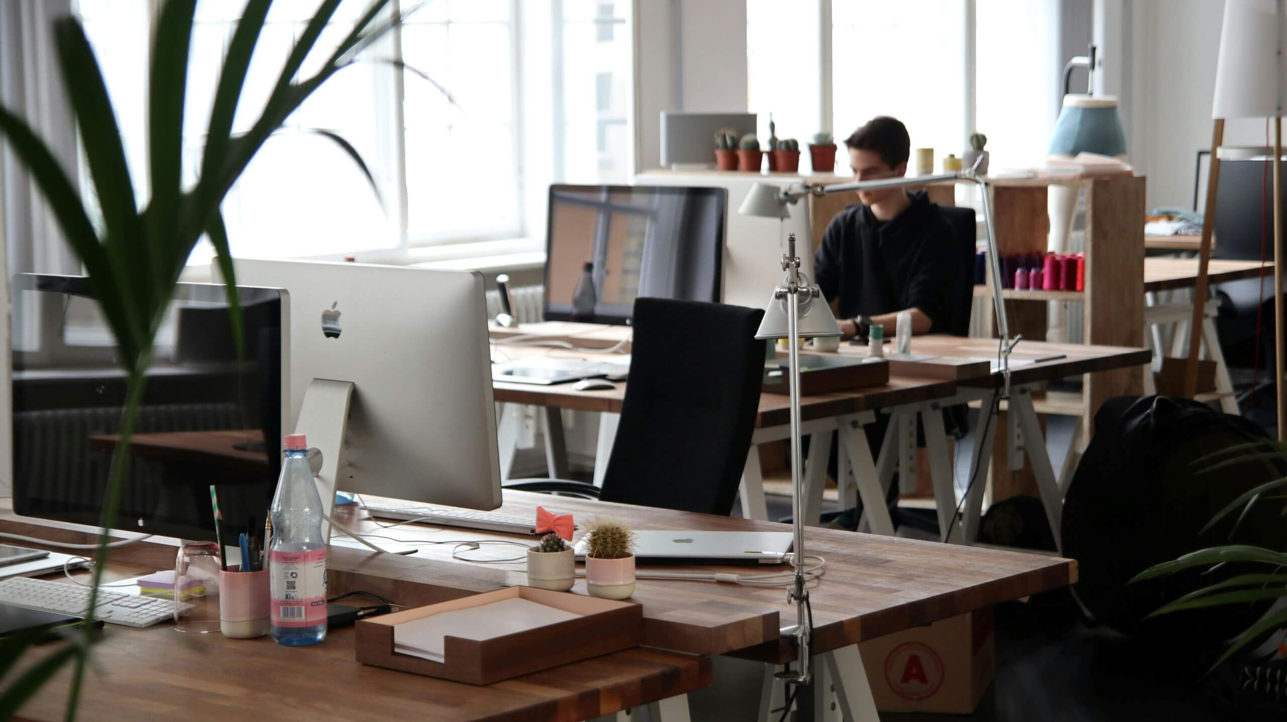 A modern, bright office with wooden desks, computers, plants, and office supplies. One person works in the background while foreground desks are empty. Natural light enters through large windows, offering inspiration for office upgrade recommendations.